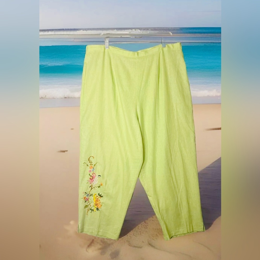 Citron Green Linen Blend Embroidered‎ Pants Sz 2X Boho Cottagecore Coastal